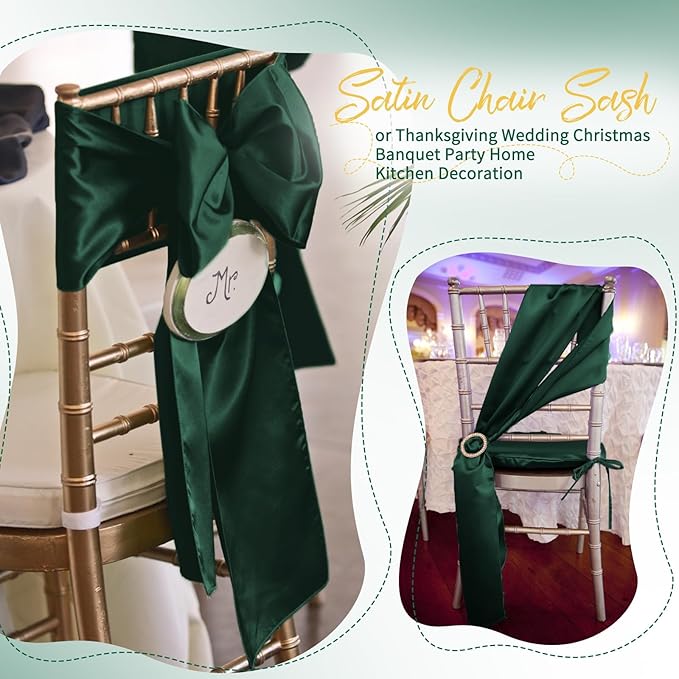 120 PCS Emerald Green Satin Chair Sashes, Ties Bows Designed Chairs Decorative, Chair Cover Sashes for Thanksgiving Wedding Christmas Banquet Party Home Kitchen Decoration (7 x 108 inch)