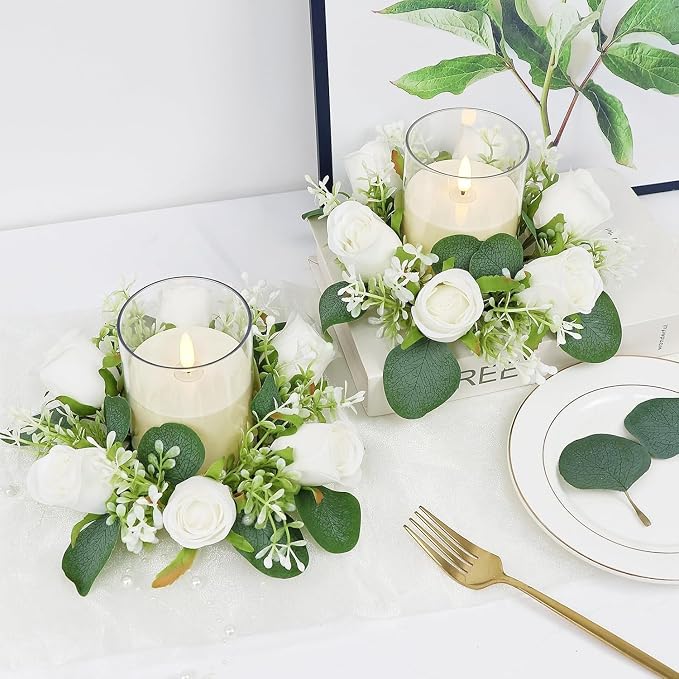 White Rose Candle Rings with Flameless Candles Sets - 4PCS Artificial Flower Eucalyptus Wedding Centerpiece 3 Inch Pillar Candleholders Wreaths for Wedding Party Decor (White - 2 Sets)