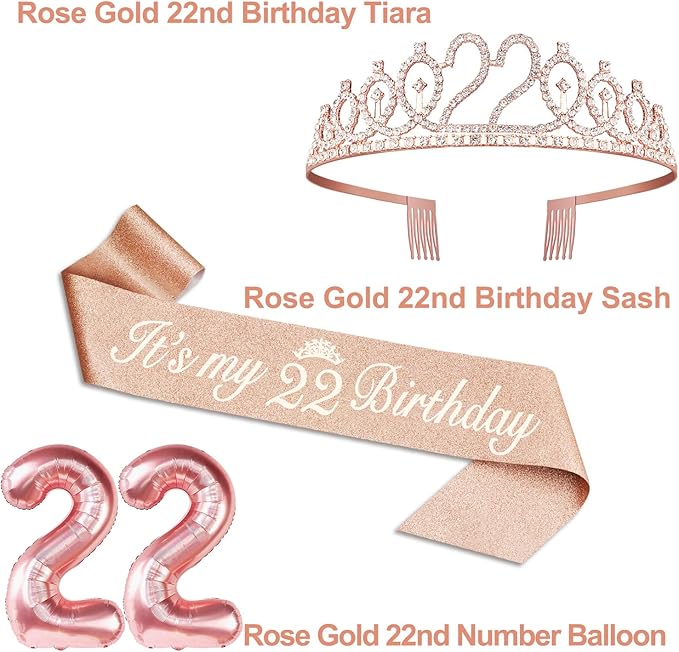 22nd Birthday Decorations for Women, Include 22nd Birthday Sash and Tiara, Cake Topper and Candles, Number Balloons, 22 Year Old Gifts for Her