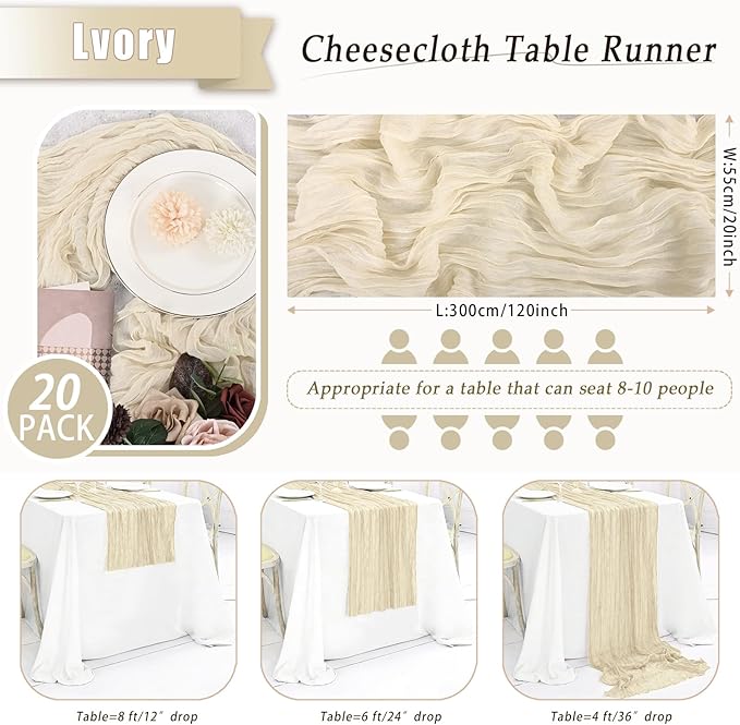 20 Pack Ivory Cheesecloth Table Runner 17x108 Inch Semi Sheer Boho Rustic Gauze Cheese Cloth Table Runners for Wedding Party Birthday Baby Shower Home Décor