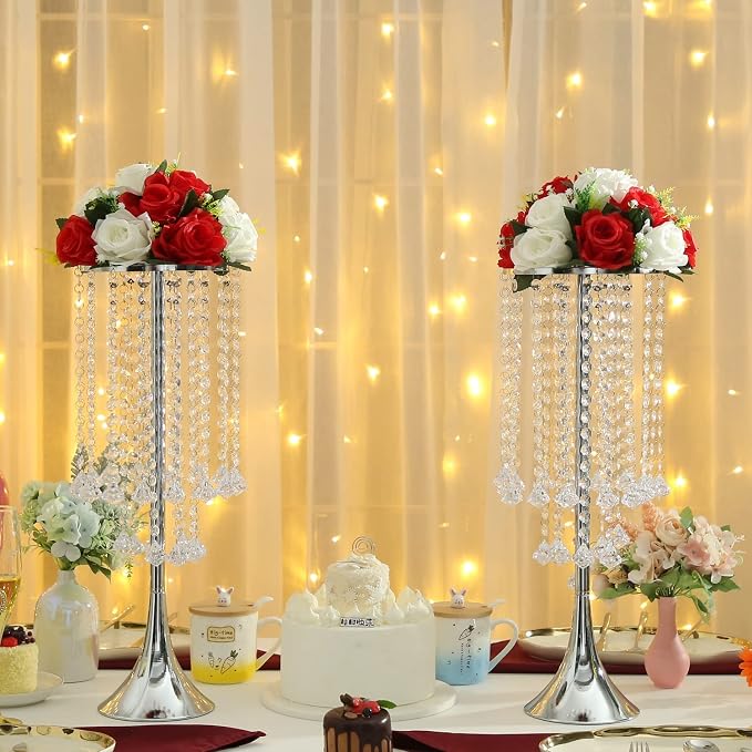 Artificial Flower Centerpieces for Tables: 6pcs of Rose Flower Balls, Flower Kissing Balls, Fake 15-head Plastic Flower Roses with Base for Birthday Party Christmas Home Wedding Decor (Red White)