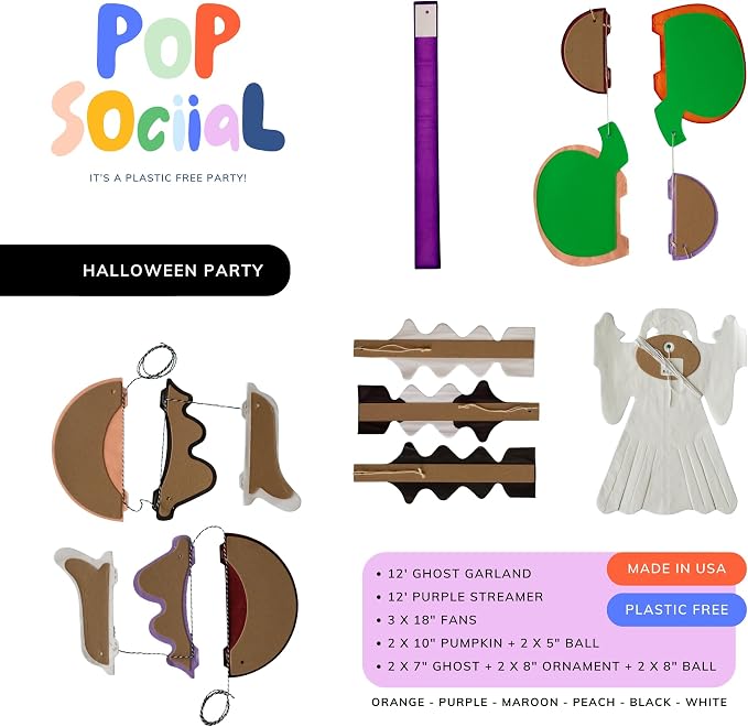 Plastic Free Paper Party Decoration Set - 15 Pieces, Halloween Party - Made in USA - Eco friendly Recycled Paper FSC Sustainable Recyclable Reusable Pack