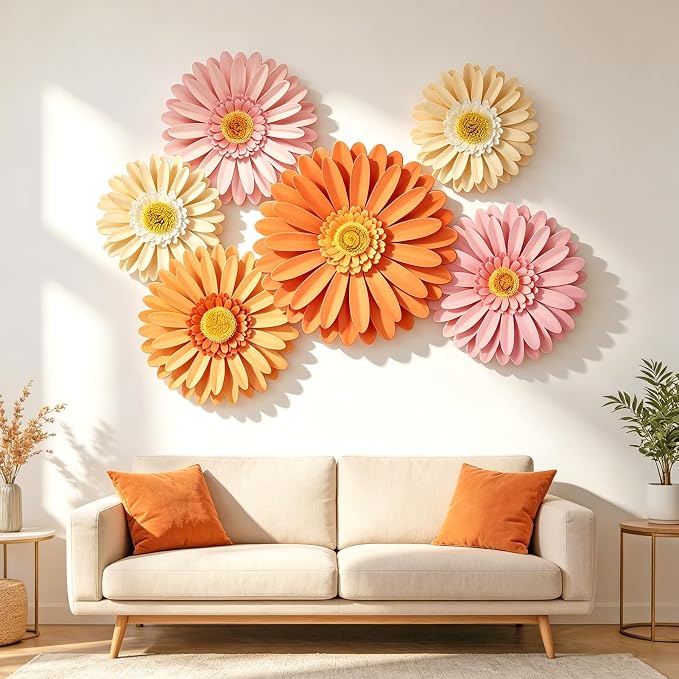 Daisy Paper Flowers Wall Decor 3D Orange Pink Large Flowers Bulletin Board Decoration Spring Garden Groovy Birthday Decorations for Women Girls Baby Shower Classroom Office Boho Nursery Wall Decor