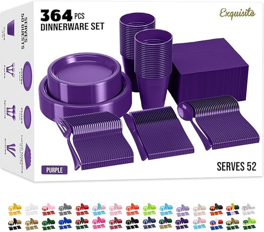 350 Pcs Purple Plastic Plates For Party, Purple Disposable Plates Set, 50 Of Each 9" Dinner Plate Set, 7" Dessert Plate, Cups, Napkins & Cutlery Plastic Dinnerware Set Exquisite