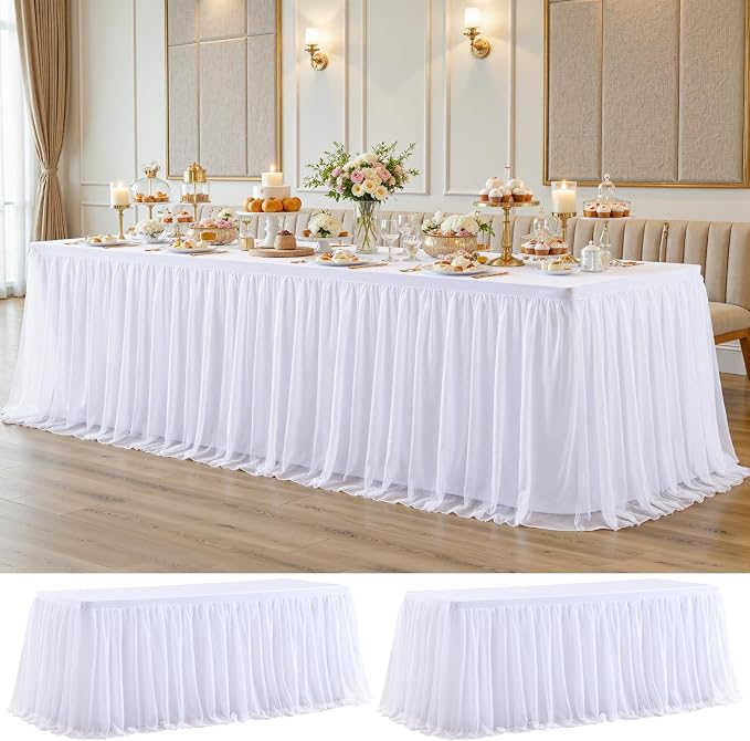 2 Pack White Tablecloth with Tulle Table Skirt for 8 Foot Rectangle Tables Wedding Ruffle Tutu Table Skirt Stretch Fitted TableCover for Parties Birthdays Baby Shower Celebration Banquet
