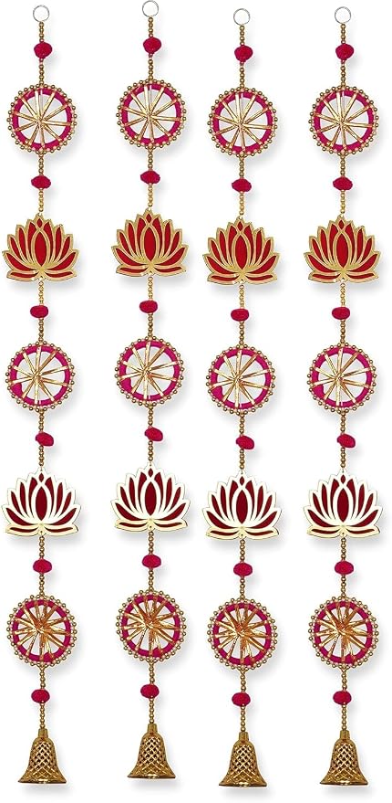 ZIG ZAG Pack of 4 Handmade Lotus Wall & Door Hangings with Bell –, Ideal for Home, Diwali, Pooja, Wedding & Festival Decor (36 Inches, Pink)