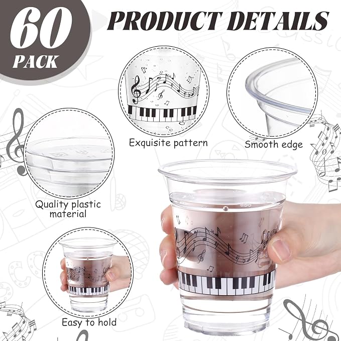 Funnymoom 60 Pack Piano Notes Plastic Cup 12 oz Disposable Clear Plastic Music Cups for Men Women Music Lovers Birthday Graduation Wedding Anniversary Party Decorations Favors