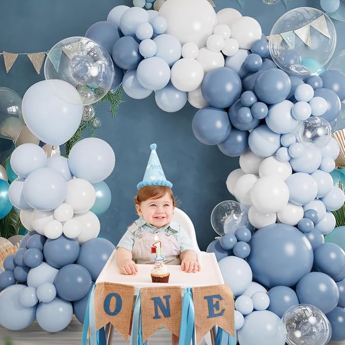 CboDeco Dusty Blue Balloon Garland Arch Kit 140PCS Light Blue White Clear Balloons in 18 12 10 5 Inch for Baby Shower Gender Reveal Bridal Shower Wedding Birthday Party Decorations