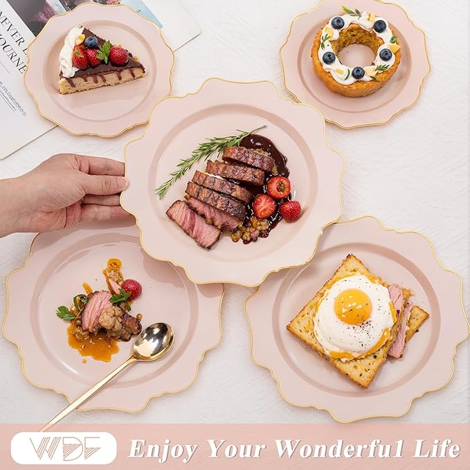 WDF 200PCS Pink Plastic Plates - Pink and Gold Plastic Plates - Include 100 Dinner Plate and 100 Cake Plate for Spring/Wedding/Bridal Shower/Tea party/Mother's Day