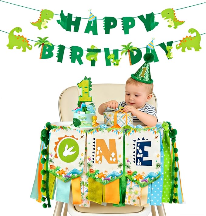 One a Saurus Birthday Decorations-Pre-Strung Happy Birthday Felt Banner Dinosaur 1st Birthday Decorations，Dinosaur Birthday Garland, Highchair Banner for Dino Themed Party Supplies