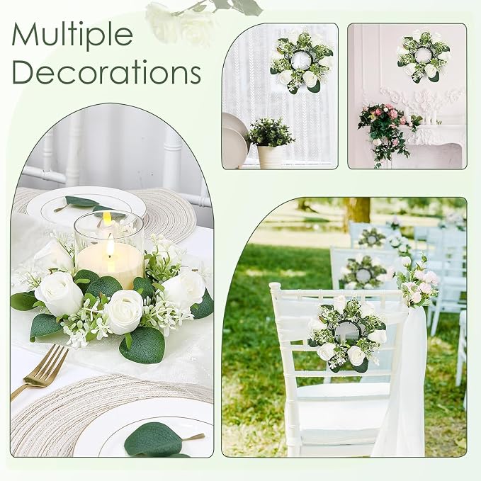 White Rose Candle Rings with Flameless Candles Sets - 4PCS Artificial Flower Eucalyptus Wedding Centerpiece 3 Inch Pillar Candleholders Wreaths for Wedding Party Decor (White - 2 Sets)