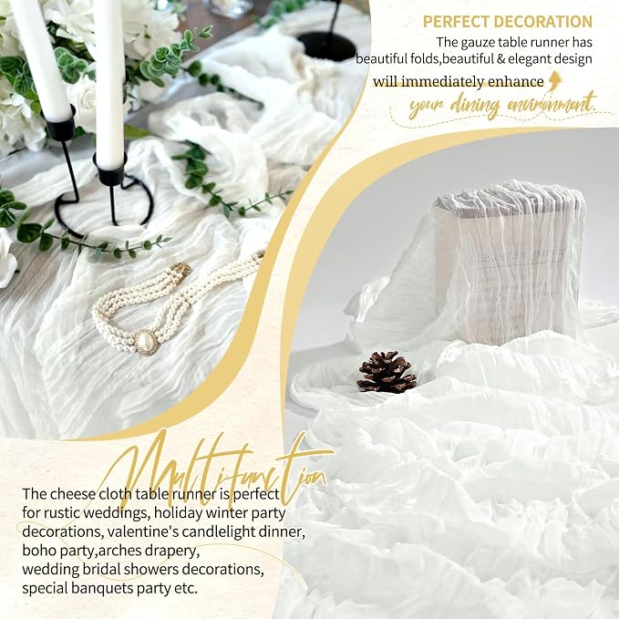 4 Pack Cheesecloth Table Runner 10FT Ivory White Table Runner Boho Gauze Cheese Cloth Table Runners Long Rustic Sheer Table Decorations for Wedding Party Baby Bridal Shower Birthday Holiday Spring