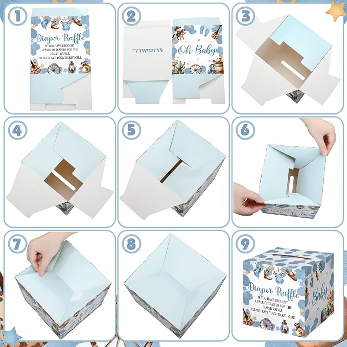 Teling 51 Pieces Diaper Raffle Tickets with Card Box Baby Shower Decorations Baby Shower Holder Box for Girl Boy Diaper Raffle Party(A Small Cowboy is on the Way)