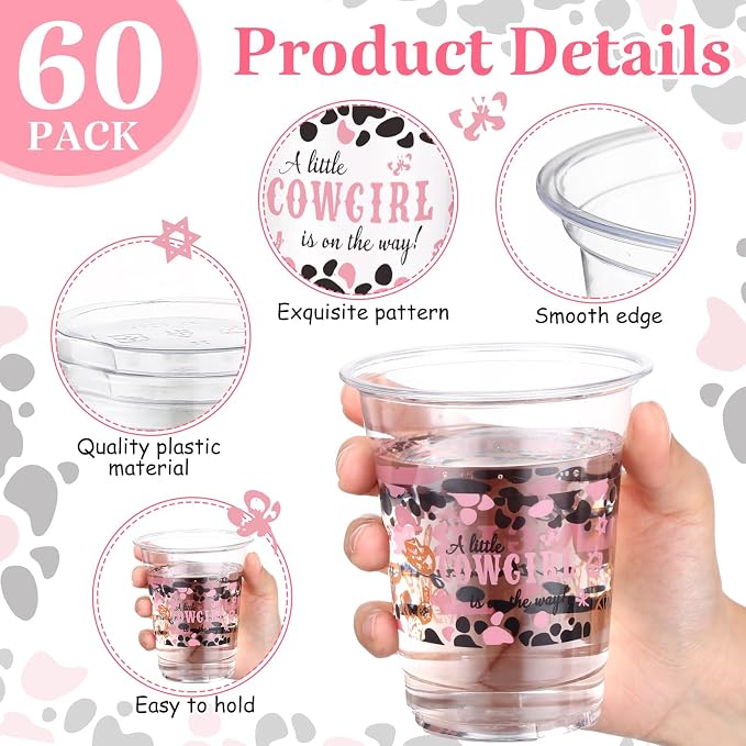 Funnymoom 60 Pack Cowgirl Baby Shower Plastic Cups 12 oz a Little Cowgirl Is on the Way Western Disposable Clear Plastic Drinking Cups for Wild West Rodeo Baby Shower Decoration Supplies
