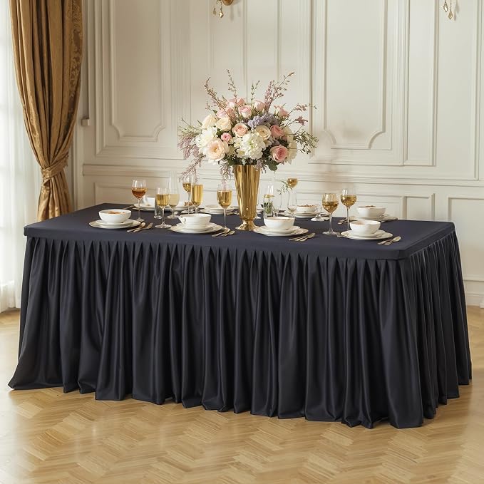 PARTISKY 1 Pack Black Tablecloths for Rectangle Tables 8ft, Wrinkle Resistant Black Table Cover Fitted Stretch Table Cloth with Pleated Ruffle Skirts for Party Banquet Dining Birthday Wedding
