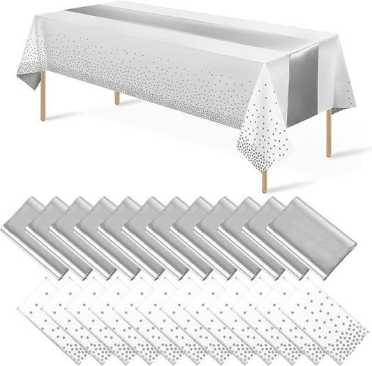 MASHAN 24Pack Disposable Plastic Tablecloths and Satin Table Runner Set White and Silver Dot Tablecloth Silver Satin Table Runner for Wedding Birthday Baby Shower Christmas New Year Party Decorations