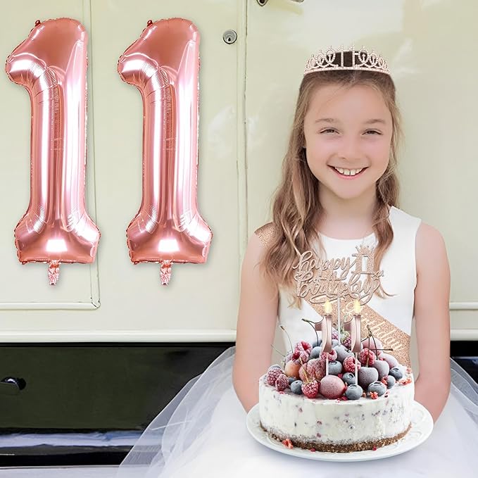 11th Birthday Decorations for Girls, Including 11th Birthday Sash and Tiara, 11 Candles and Cake Toppers, Rose Gold 11 Balloons and 3D Birthday Card, 11th Birthday Gifts for Girls 11 Year Old Birthday Party
