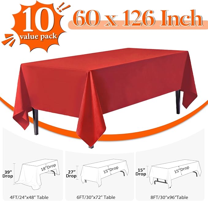 10 Pack Red Tablecloth 60x126 Inch Red Table Cloth for 8 Foot Rectangle Tables, Wrinkle Resistant Rectangular Tablecloth Washable Polyester Fabric Table Covers for Party Banquet Wedding Buffet