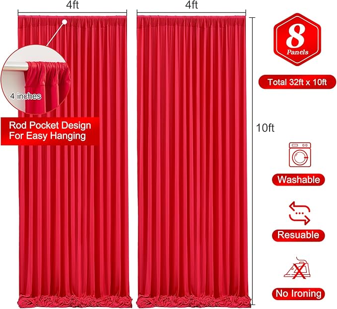 Red Backdrop Curtains 8 Panels-Wrinkle-Free Polyester Photography Drapes Party Photo Backgrounds for Wedding Christmas Photo Backdrops- 32 X10FT (Red)