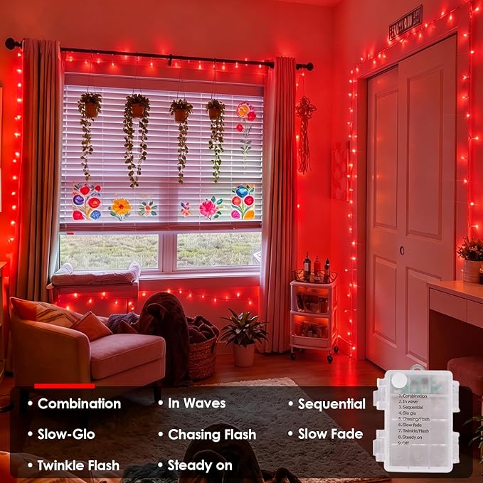 QITONG 2 Pack String Lights Battery Operated, Each 33ft 100 LED Red Christmas Lights Outdoor Waterproof, 8 Modes Clear Wire Twinkle Fairy Lights Indoor with Remote