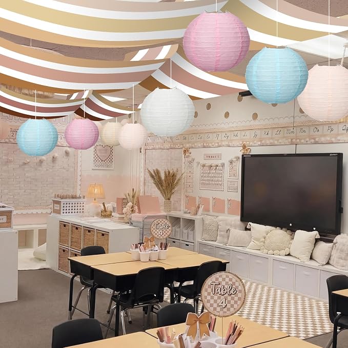 11 Pcs Boho Classroom Ceiling Decor Include 12 x 2 ft Fluorescent Light Covers 8 Packs Pastel Paper Lanterns Props DIY Hanging Ornament for Classroom Daycare Nursery Party Decorations