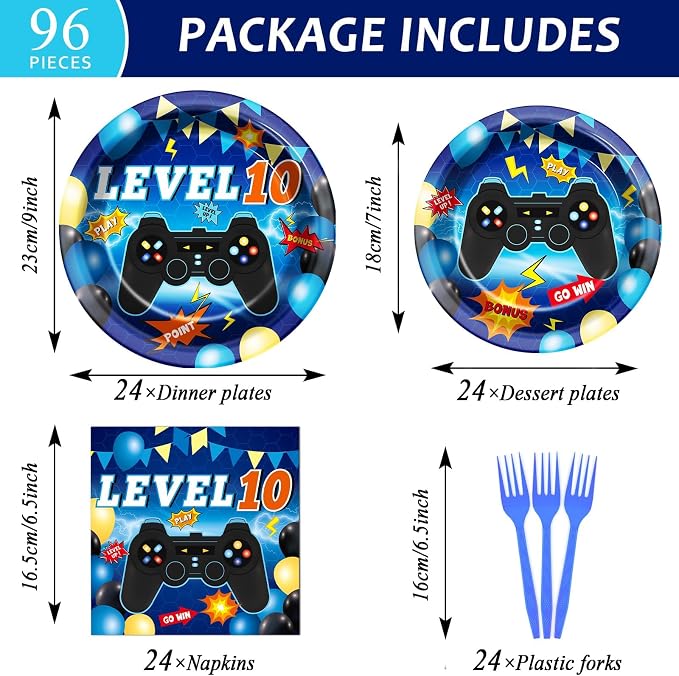 96Pcs Level 10 Plates and Napkins Sets Level Up 10 Unlocked Birthday Decorations 10th Birthday Plates for Boys Video Game Supplies 10th Blue Gaming Pattern Design Party Favors for 24 Guests