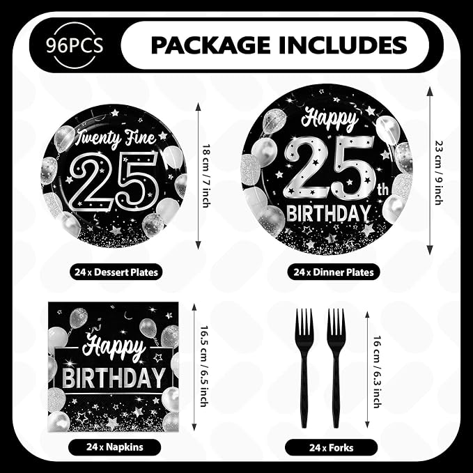 Grencian 96Pcs 25th Birthday Decorations Black Silver 25th Birthday Party Plates Disposable Paper Tableware Set for Women Men Happy 25 Year Old Graduation Decorations 2026 Supplies Serves 24