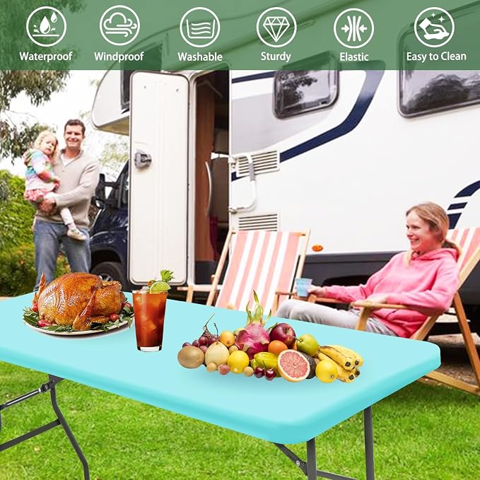 6 Pack Picnic Table Cover Elastic Fitted Tablecloths for 6 Foot Rectangle Tables Waterproof Stretch Washable Patio Folding Outdoor Spandex Tablecloth for Camping Banquet Parties (Aqua Blue,30" x 72")
