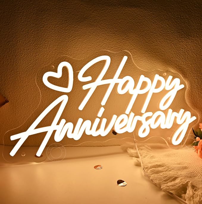 SYLHOME Happy Anniversary Led Neon Light Sign Family Business Celebrate Banner Wall Sign Decor Birthday Wedding Anniversary Valentine's Day Backdrop USB Warm White