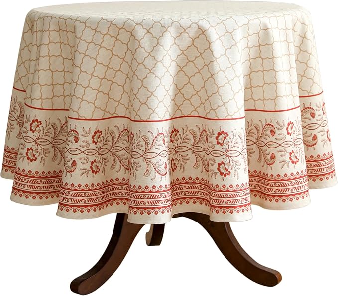 ISAENNE Designer Linen Round Tablecloth,Diameter 67"-Chamonix A | Vintage Elegant Plaid Print Beautiful Heavy Table Cloth,Chinoiserie,Dining Room,Tea Party,Kitchen,Thanksgiving,Decor