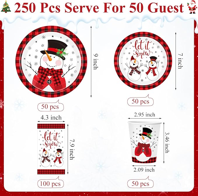 Funnymoom 250 Pcs Winter Snowman Paper Plates and Napkins Party Supplies Red Black Buffalo Plaid Winter Disposable Tableware Set for Christmas Holiday Party Decoration