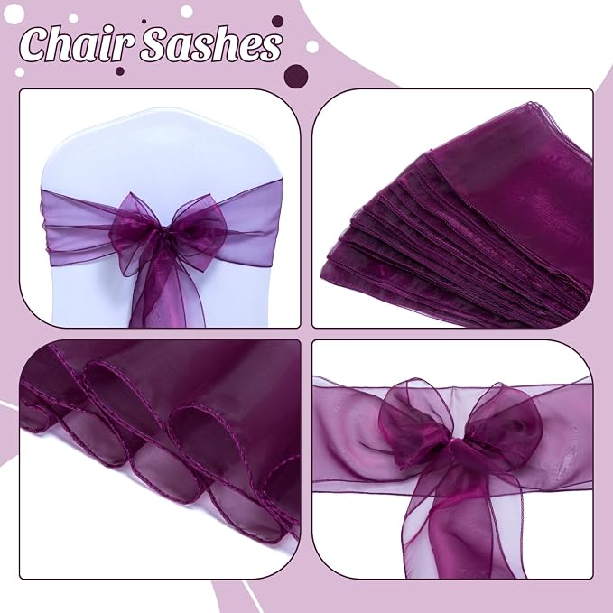 MDS® Pack of 125 Organza Chair Sashes for Wedding Decoration, Reusable Sheer Chair Bows for Banquet Chair Cover, Reception, Bridal Shower, Baby Shower, Birthday Party & Special Events - Eggplant