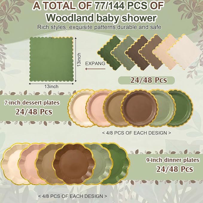 72 Pcs 24 Guests Woodland Baby Shower Tableware Set Green Brown Paper Plates and Napkins Woodland Party Supplies Disposable Tableware Scalloped Plates for Safari Jungle Birthday Wedding