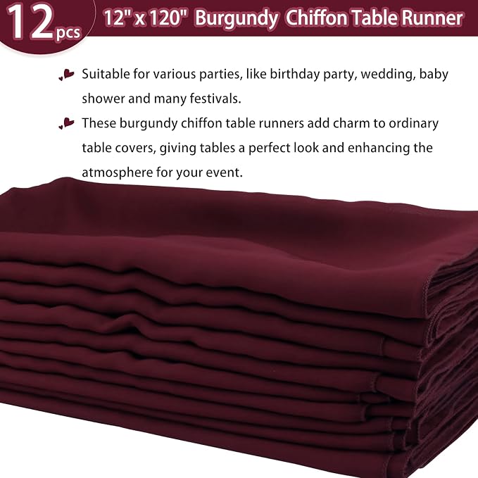 Fivenl 12 Pack Chiffon Table Runner - 12 x 120 Inches Sheer, Romantic for Wedding, Birthday, Party & Baby Shower Decoration (Burgundy)