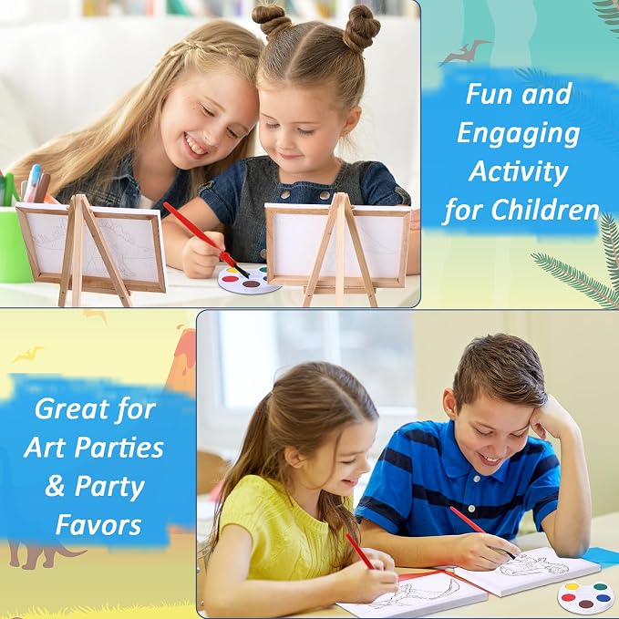 MotiMind 24 Sets Canvas for Painting Dinosaurs 4 x 6 Pre Drawn Canvas Painting Dinosaur Kit Animals Pre Drawn with Paints Brushes for Beginners Students Dinosaur-Themed Party