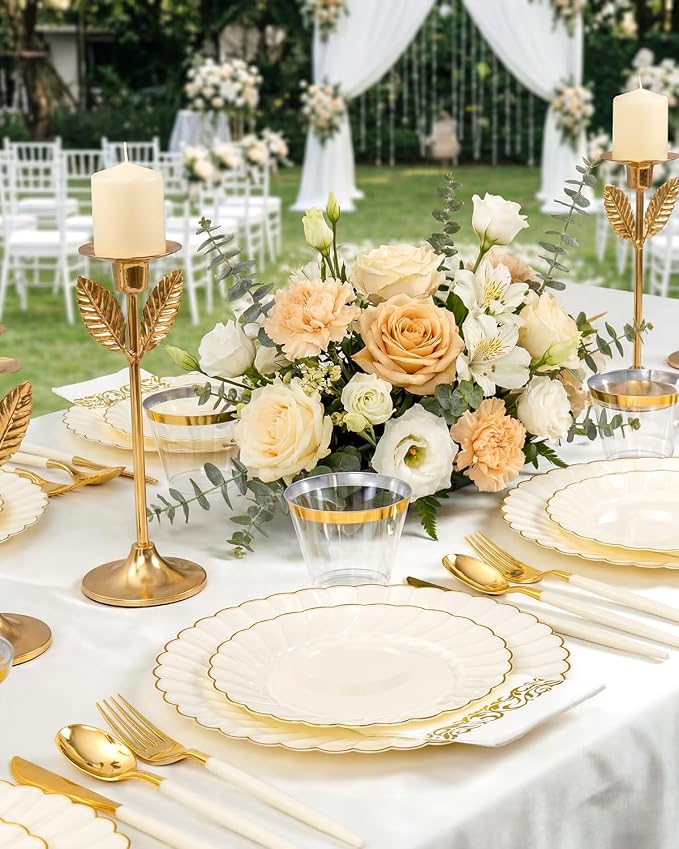 Ciaell 175 PCS Ivory Scalloped Plastic Plates - Gold Disposable Plates Fancy High-end Dinnerware Sets for Wedding & Party (25 Guests)