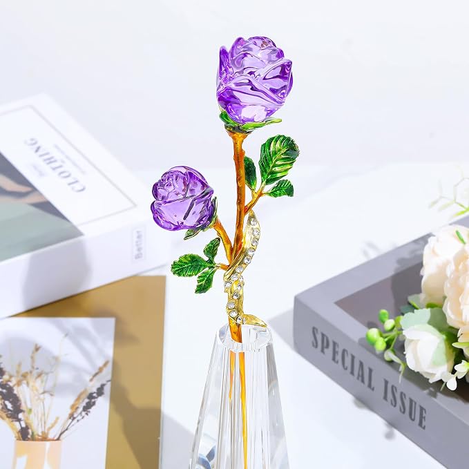 Arikyrist Purple Rose Flower Crystal Figurine with Vase, Handmade Bouquet Glass Flowers Ornament Rose Gifts for Wife Women, Crystal Flower Home Table Decor for Valentine Mother's Day Wedding