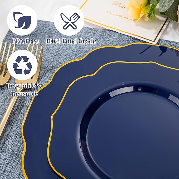 bUCLA 180PCS Blue Plastic Plates - Navy Blue and Gold Rim Disposable Include 30 Each (Dinner & Dessert) Plates, 30 Knives, 30 Forks, 30 Spoons and 30 Cups, Ideal for Party, Gathering & Graduation
