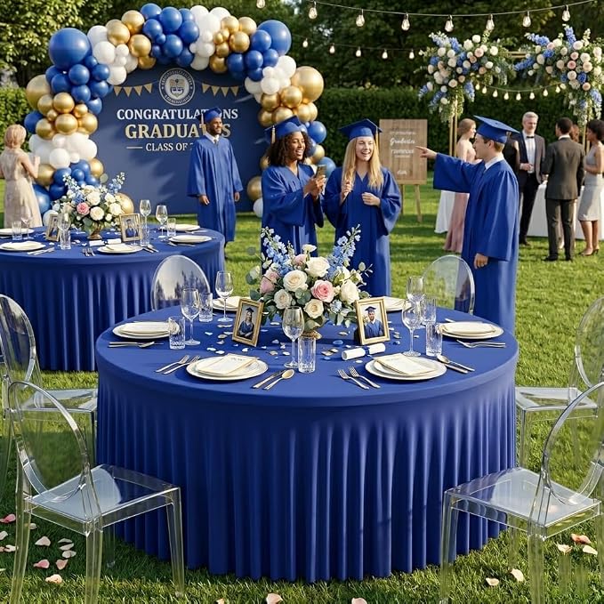 2 Pack Royal Blue 72 inch Round Spandex Tablecloth, Washable Stretchy Fitted 6FT Round Tables,Elastic Edge with Skirt, Wrinkle-Free Table Cloths for Wedding Banquet Party Birthday Buffet
