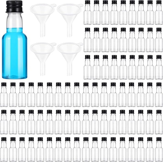 100 Pcs Mini Liquor Bottles 1 OZ(30 ml) with 4 Funnels Plastic Small Liquor Bottles Mini Salad Dressing Bottle Christmas Small Shooter Alcohol Holders with Cap Wine Hot Sauce(Black)