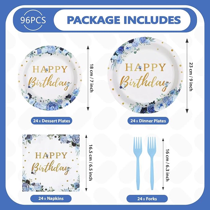 Grencian 96 Pcs Blue Flower Birthday Party Supplies Blue Floral Plates and Napkins Floral Themed Tableware Sets for Women Girls Birthday Party Decorations Serves 24