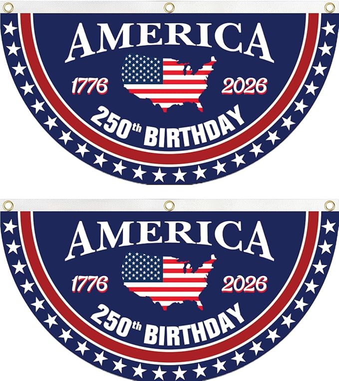 250 year anniversary Birthday Bunting Flag, 1776-2026 Commemorative Patriotic Fan Banner, 1.5x3 FT with Brass Grommets 2 Pack