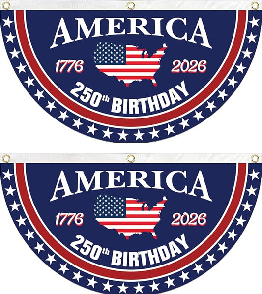 250 year anniversary Birthday Bunting Flag, 1776-2026 Commemorative Patriotic Fan Banner, 1.5x3 FT with Brass Grommets 2 Pack