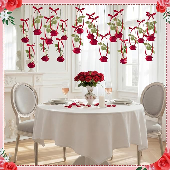 Sliner 25 Pcs Artificial Rose Flowers Hanging Decorations, Dangling Flowers Garland with Hooks Spring Party Decorations Hanging Flower Ceiling Decoration for Wedding Party Spring Home Birthday(Red)