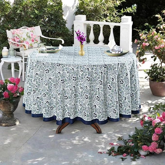 Ridhi Round Tablecloth Hand Block Print 100% Cotton Reusable Denim Blue 132 Inch Table Cover Decorative Everyday Use for Dining, Home, Party, Wedding, Farmhouse, Party Gift for Spring, Mother's Day