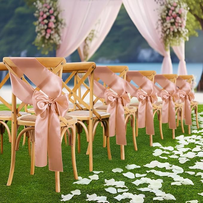 50 Pcs Rose Gold Satin Chair Sashes Bows Universal Chair Cover for Wedding Reception Events Banquets Party, Hotel Event Decorations, 6 x 108 inch