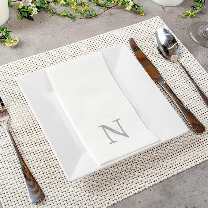 Luxenap 15.8 X 7.9 Inch Linen-Feel Guest Towels, 2000 Lettered Hand Towels - Silver Letter 'N', Sans Serif Font, White Paper Dinner Napkins, airlaid, For Restrooms And Tables - Restaurantware