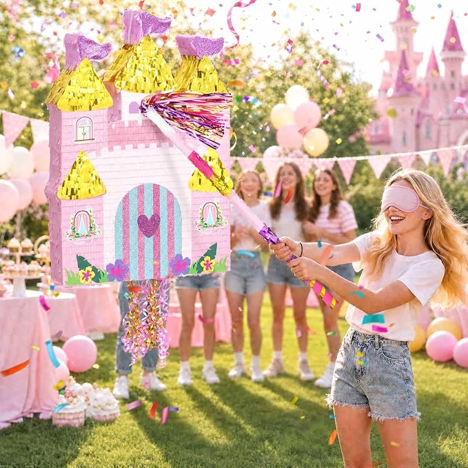 WERNNSAI Large Princess Castle Piñata - 23.6”x 16.3”Princess Birthday Party Decorations Pink Piñata with Blindfold and Bat for Girls Family Game Birthday Party Supplies Castle Design