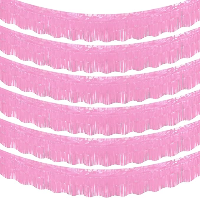 LOLStar Macaron Pink Foil Fringe Tinsel Garland Streamers Banner, 6 Pack | 60Ft Tinsel Streamers, Macaron Pink Tinsel Fringe Banners for Wedding, Gender Reveal, Bachelorette, Birthday Party Decor