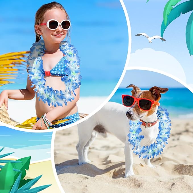 Sherr 48 Pcs LED Hawaiian Leis Light up Flower Leis Necklace with LED Lights Luau Flowers Necklaces for Masquerade Beach Wedding Tropical Themed Party Supplies(Blue)